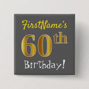 Badge Carré 5 Cm Grey, Faux Gold 60th Birthday, avec nom personnali