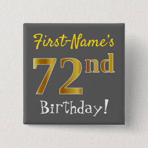 Badge Carré 5 Cm Grey, Faux Gold 72e Anniversaire, Avec Nom Personn