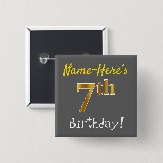 Badge Carré 5 Cm Grey, Faux Gold 7e anniversaire, avec nom personna (Devant & derrière)