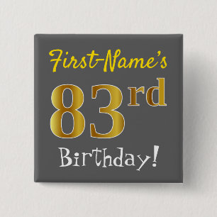 Badge Carré 5 Cm Grey, Faux Gold 83ème Anniversaire, Avec Nom Perso