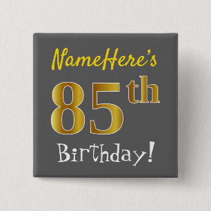Badge Carré 5 Cm Grey, Faux Gold 85e Anniversaire, Avec Nom Personn