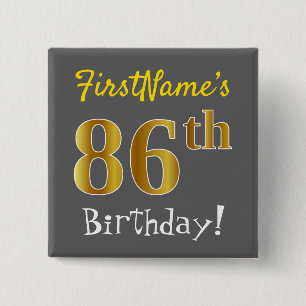 Badge Carré 5 Cm Grey, Faux Gold 86e Anniversaire, Avec Nom Personn