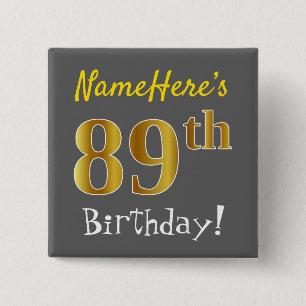 Badge Carré 5 Cm Grey, Faux Gold 89e Anniversaire, Avec Nom Personn