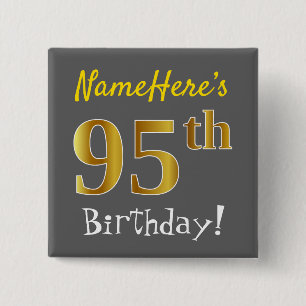 Badge Carré 5 Cm Grey, Faux Gold 95e Anniversaire, Avec Nom Personn