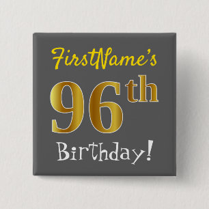 Badge Carré 5 Cm Grey, Faux Gold 96e Anniversaire, Avec Nom Personn