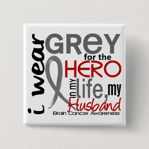 Badge Carré 5 Cm Gris pour mon cancer du cerveau de mari du héros