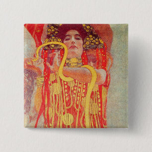 Badge Carré 5 Cm Gustav Klimt Femme Rouge Peinture Serpent Or