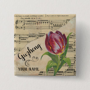 Badge Carré 5 Cm Guzheng Tulip Partition Vintage Musique Customisée