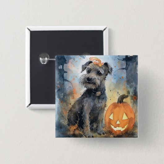Badge Carré 5 Cm Halloween Chesapeake Bay Terrier Avec Citrouilles (Devant & derrière)