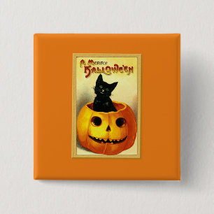 Badge Carré 5 Cm Halloween Kitty assis à Jack-o'-lantern