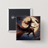 Badge Carré 5 Cm Halloween Steampunk Witch Vol au clair de lune (Devant & derrière)