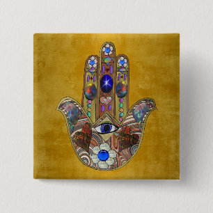 Badge Carré 5 Cm Hamsa Cœurs Fleurs Opale Art sur Or