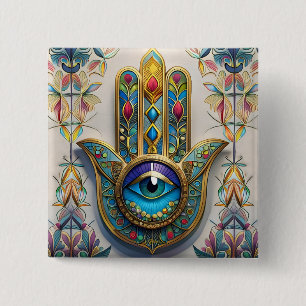 Badge Carré 5 Cm Hamsa du Troisième Œil Bleu-Vert Filigrane Coloré