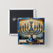 Badge Carré 5 Cm Hanoukka bleue Menorah (Devant & derrière)