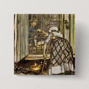 Badge Carré 5 Cm Hansel capturé dans une cage