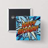 Badge Carré 5 Cm HAPPY BIRTHDAY Fun Retro Comic Book (Devant & derrière)