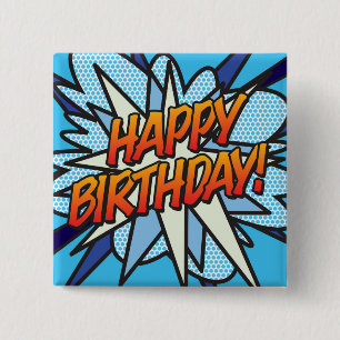 Badge Carré 5 Cm HAPPY BIRTHDAY Fun Retro Comic Book