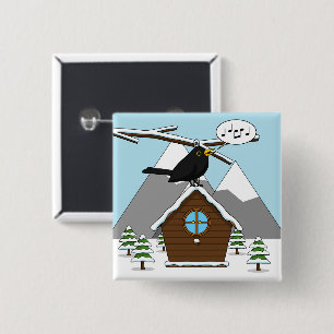Badge Carré 5 Cm Happy Blackbird chanter dans le paysage hivernal