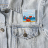 Badge Carré 5 Cm Happy Crab on Beach with Lighthouse (En situation)