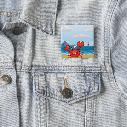 Badge Carré 5 Cm Happy Crab on Beach with Lighthouse (En situation)