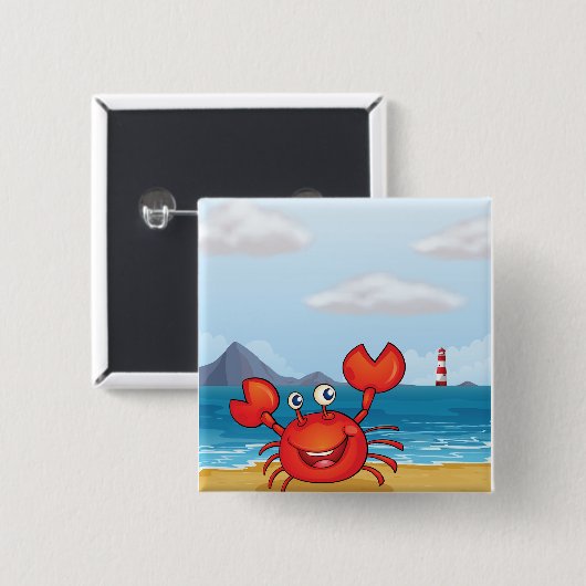 Badge Carré 5 Cm Happy Crab on Beach with Lighthouse (Devant & derrière)