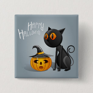 Badge Carré 5 Cm Happy Halloween Chat noir