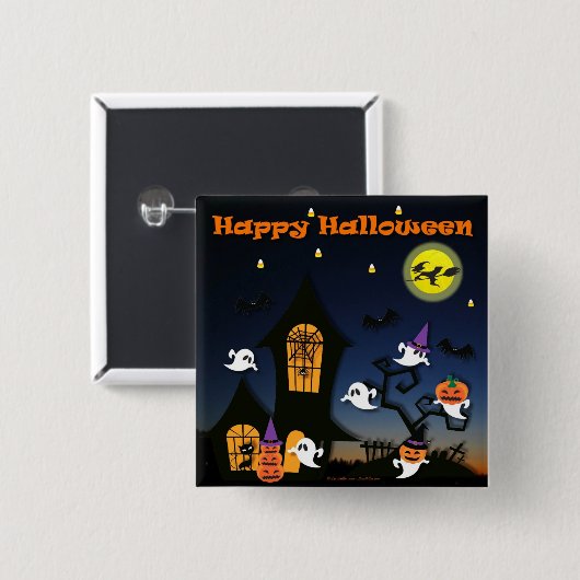 Badge Carré 5 Cm Happy Halloween Haunted House (Devant & derrière)
