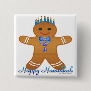 Badge Carré 5 Cm Happy Hanoukka Gingerbread Man Menorah