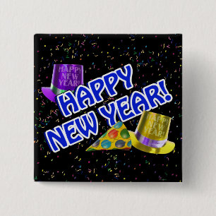 Badge Carré 5 Cm HAPPY NEW YEAR! Blue Text w/Party Hats