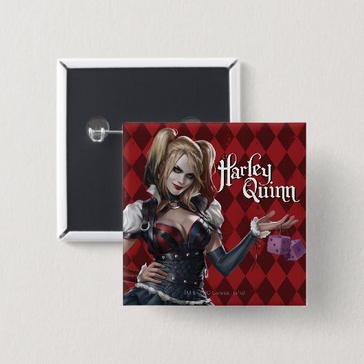 Badge Carré 5 Cm Harley Quinn Avec Dice Fuzzy (Devant & derrière)