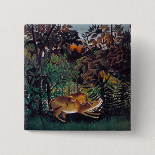 Badge Carré 5 Cm Henri Rousseau - Le lion affamé