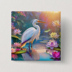 Badge Carré 5 Cm Héron blanc à bec orange, oiseau de fantaisie