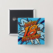 Badge Carré 5 Cm HEUREUX 18E ANNIVERSAIRE Fun Retro Comic Book (Devant & derrière)