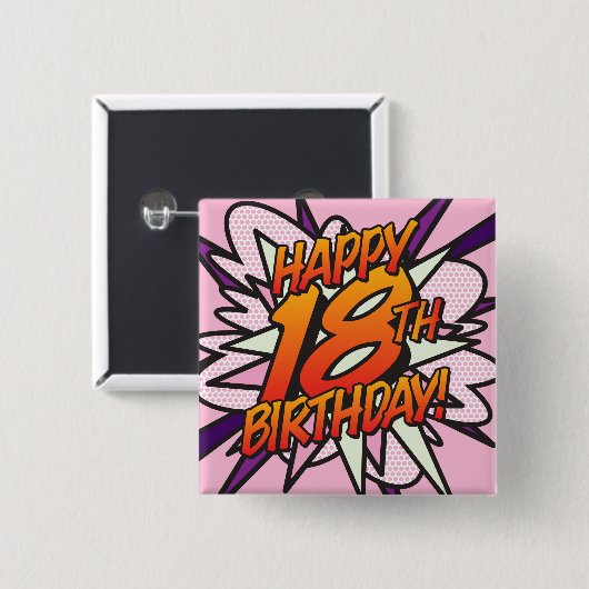 Badge Carré 5 Cm HEUREUX 18E ANNIVERSAIRE Rose amusant Retro Comic (Devant & derrière)