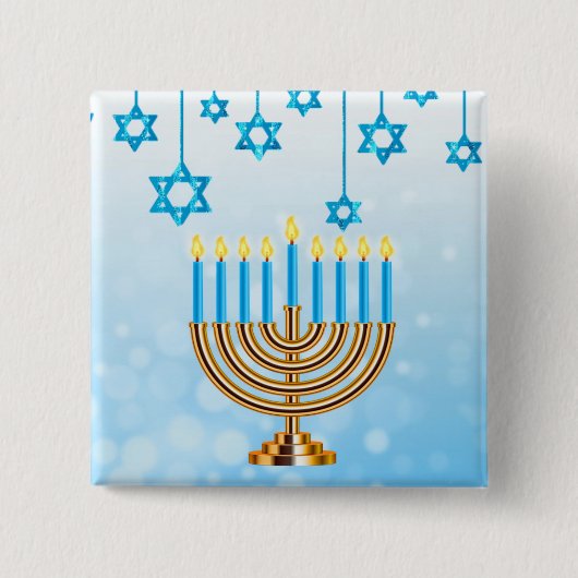 Badge Carré 5 Cm Heureux Hanoukka Menorah (Devant)