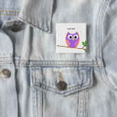 Badge Carré 5 Cm Hibou: Chouette rose et violette (En situation)