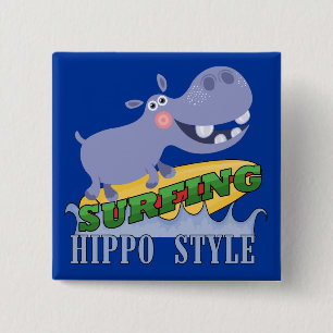 Badge Carré 5 Cm Hippopotame de surfer
