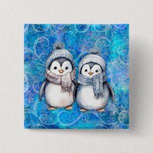 Badge Carré 5 Cm Hiver Bleu Aquarelle Pingouins Écarts Casquette