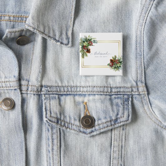 Badge Carré 5 Cm Hiver Red Berries Pine Cones Mariage (En situation)