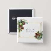 Badge Carré 5 Cm Hiver Red Berries Pine Cones Mariage (Devant & derrière)