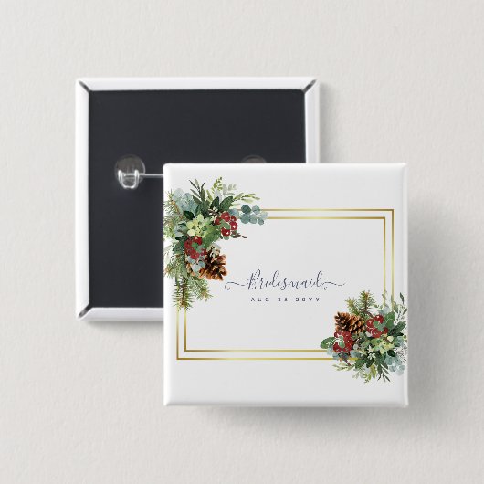 Badge Carré 5 Cm Hiver Red Berries Pine Cones Mariage (Devant & derrière)