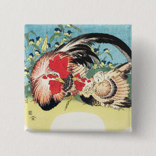 Badge Carré 5 Cm Hokusai Art Japonais Vintage Coq Poule Fleurs