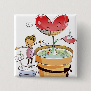 Badge Carré 5 Cm Homme arrosant un plante mis en pot
