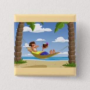 Badge Carré 5 Cm Homme drôle se relaxant dans un hamac de plage