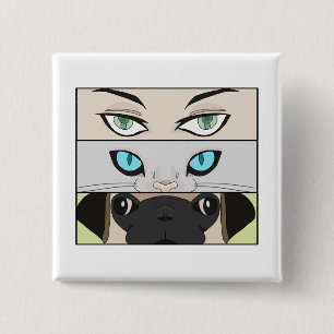 Badge Carré 5 Cm Humain, chat et chien vous regardant