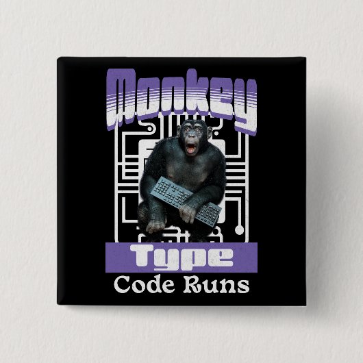 Badge Carré 5 Cm Humour de programmeur sur le singe qui tape du cod (Devant)