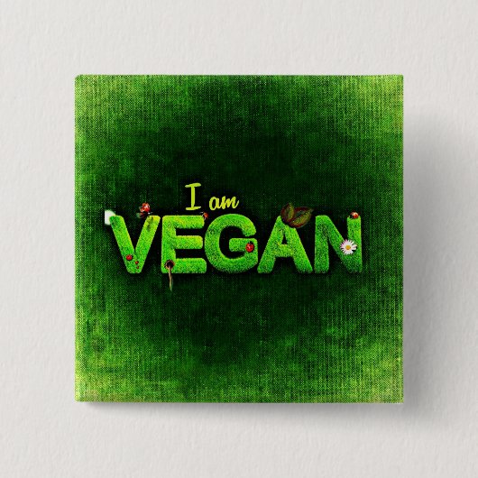 Badge Carré 5 Cm I Am Vegan Written With A Grassy Nature Texture (Devant)
