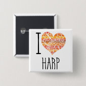 Badge Carré 5 Cm I Love Harp Orange Mandala Heart (Devant & derrière)