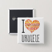 Badge Carré 5 Cm I Love Ukulele Orange Mandala Heart (Devant & derrière)