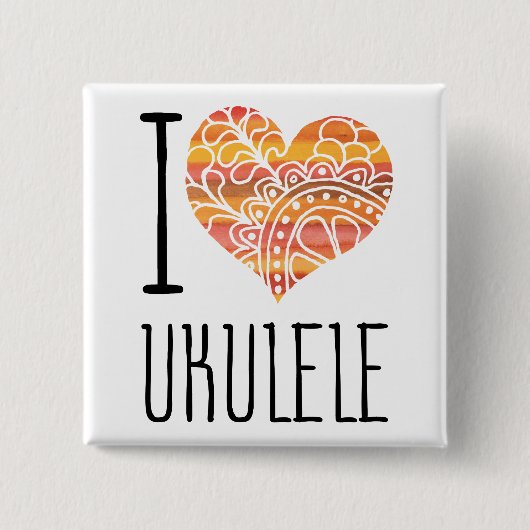 Badge Carré 5 Cm I Love Ukulele Orange Mandala Heart (Devant)